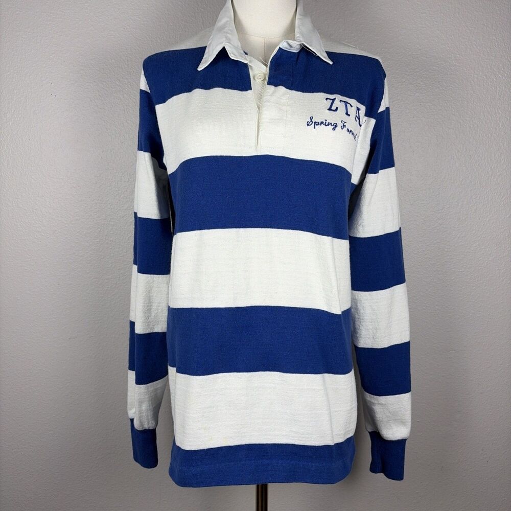 Vintage 1986 Dehen Rugby Shirt Medium Blue White Sorority ZTA College University